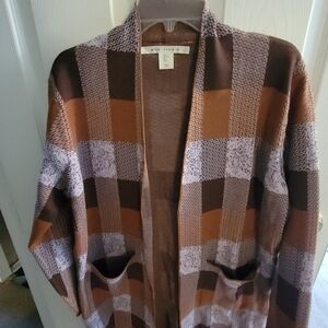 Max Studio Brown and Cream Checkered Cardigan